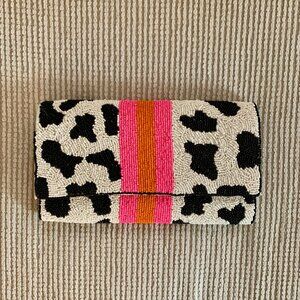 Shirdee Cow Print Stripe Beaded Clutch Purse with Crossbody Strap